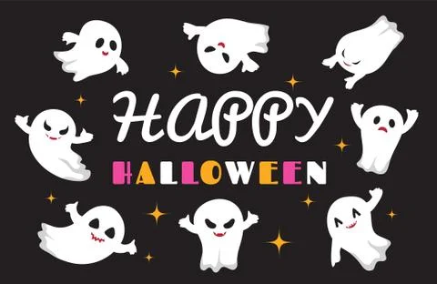 Cute ghosts. Flat ghost vector character. Happy Halloween background Stock Illustration