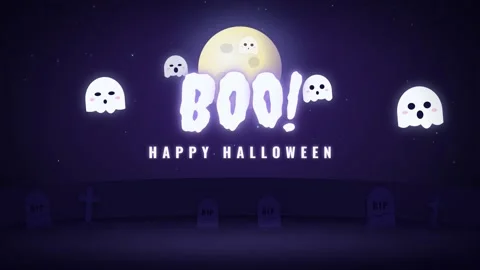 Cute Ghosts Happy Halloween Animation Loop with BOO Text and Full Moon Stock Footage 346393149
