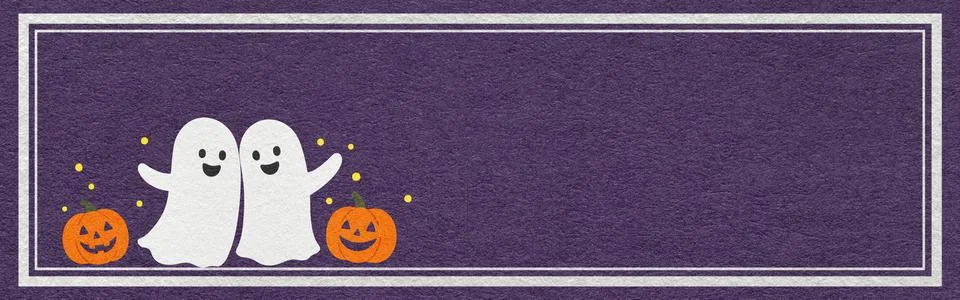Cute ghosts hugging with pumpkin jack o lantern on violet textured paper ba.. 스톡 일러스트