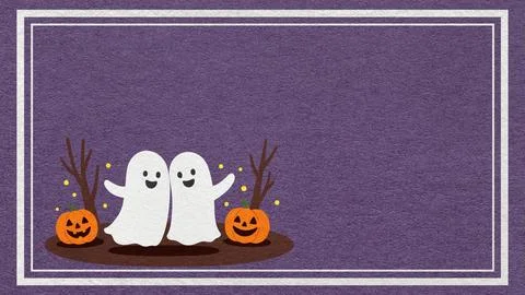 Cute ghosts hugging with pumpkin jack o lantern on violet textured paper back Stock Illustration