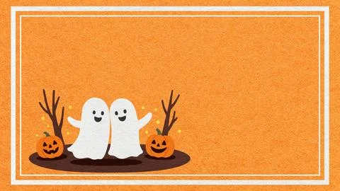 Cute ghosts hugging with pumpkin jack o lantern on orange textured paper back Stock Illustration