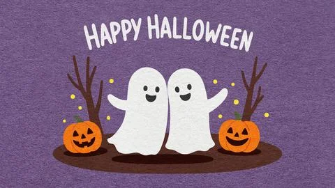 Cute ghosts hugging with pumpkin jack o lantern. Happy Halloween greeting car Illustrazione stock