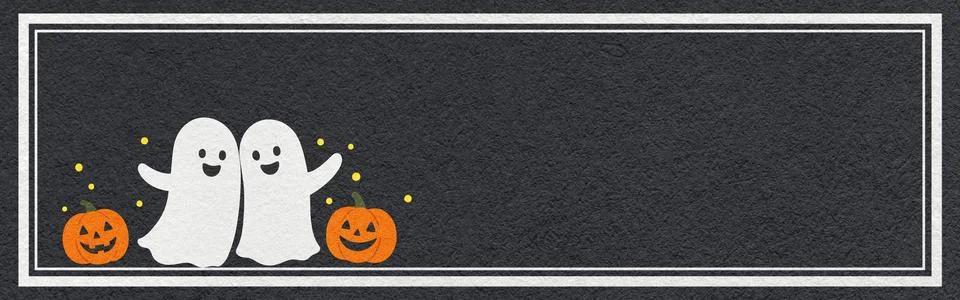 Cute ghosts hugging with pumpkin jack o lantern on black textured paper backg Stock Illustration
