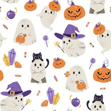 Cute Ghosts with Pumpkins, Black Cat, Candy and Witch Hats Seamless Pattern 스톡 일러스트