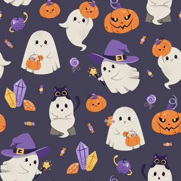 Cute Ghosts with Pumpkins, Black Cat, Candy and Witch Hats Seamless Pattern Stock Illustration