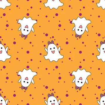 Cute ghosts seamless vector pattern on orange background Stock Illustration