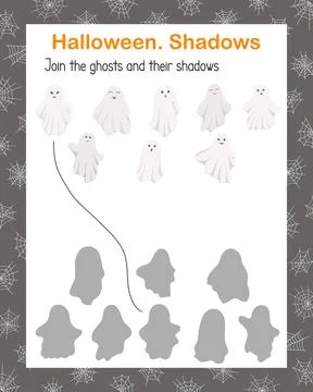 Cute ghosts, shadow matching game, Halloween holiday kids leisure activity pr Stock Illustration