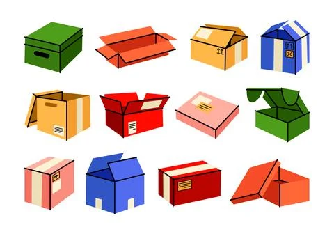 Cute gift and delivery boxes in retro cartoon. Stock Illustration