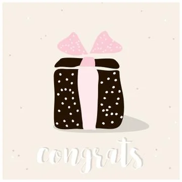 Cute gift box with text Congrats wish. Greeting card template. Creative hap.. Stock Illustration