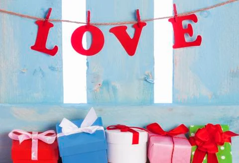 Cute gift boxes and the word love Stock Photos