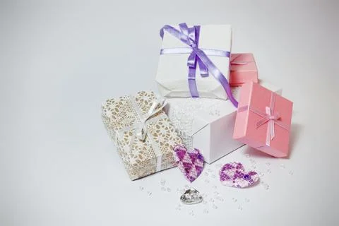 Cute gift boxes on the gray background Stock Photos