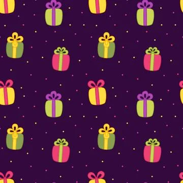 Cute gift boxes on seamless pattern. Colorful gifts. Cartoon, vector Stock Illustration