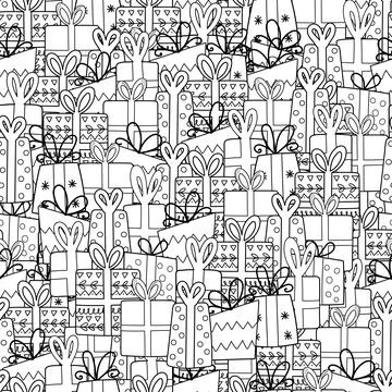 Cute gifts seamless pattern. Doodle presents coloring page. Black and white Stock Illustration