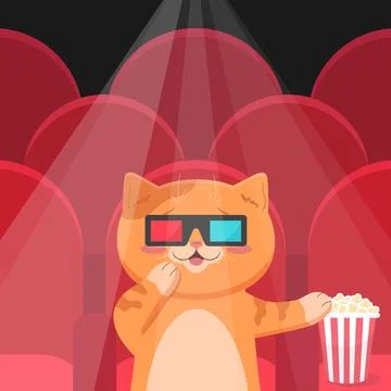 Cute ginger cat in 3d glasses sitting in movie theater and eating popcorn Stock Illustration