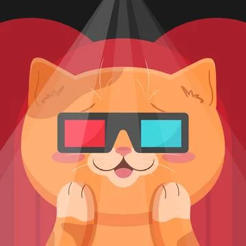 Cute ginger cat in 3d glasses sitting in movie theater. Cat watching a movie Stock Illustration