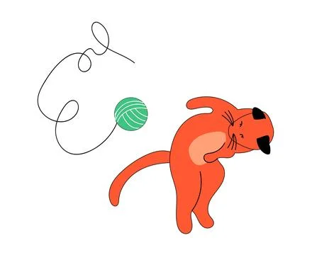 A cute ginger cat plays with a green ball of thread イラスト素材