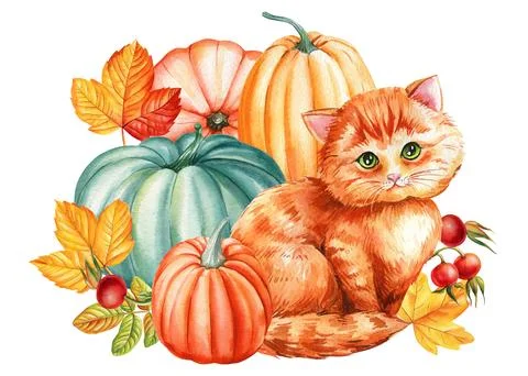 Cute ginger cat, pumpkin, leaves maple and rose-hip berries, watercolor hand Stock Illustration