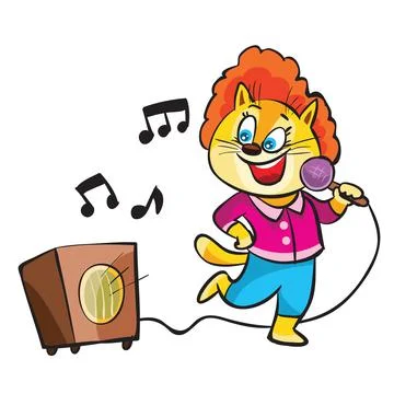 A cute ginger cat in a red hat sings cheerfully into a microphone and a music Stock Illustration