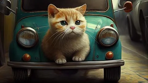 Cute ginger cat sitting in an old car. Stock Illustration