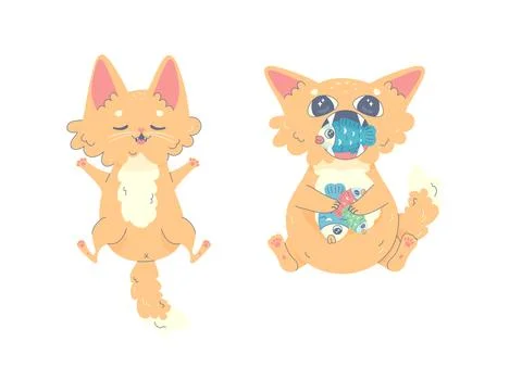 Cute ginger cat sleeping and eating , kawaii comical , vector Stock Illustration
