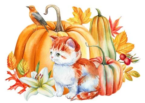 Cute ginger kitten, pumpkin, bird and lily flower, watercolor hand drawing Stock Illustration