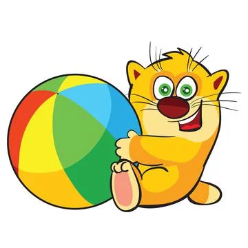 Cute ginger kitten yips with a big colored ball, cartoon illustration, isolat Stock-Illustration