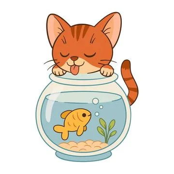 Cute ginger tabby cat curiously looks at goldfish inside the aquarium. Stock Illustration