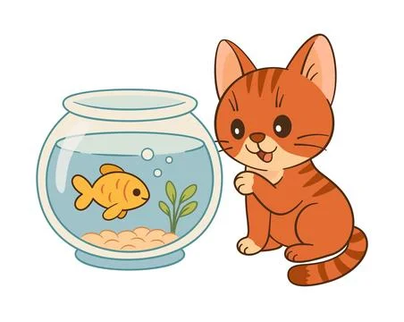 Cute ginger tabby cat curiously looks at goldfish inside the aquarium. Stock Illustration