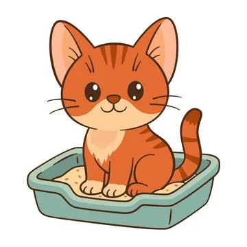 Cute ginger tabby kitten sitting comfortably in a litter box. Flat style Chibi Stock Illustration