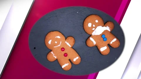 Cute gingerbread cookie decorated icing for holiday season turning top view. Stock Footage 314675039