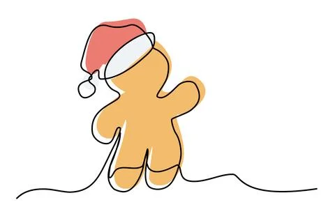Cute gingerbread man cookie in Santa hat, line art style color vector Stock Illustration