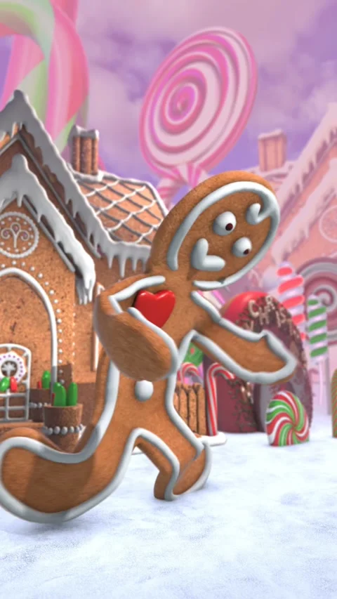 Cute Gingerbread man dancing salsa in a candy village. Seamless funny Christmas Stock Footage 323070282
