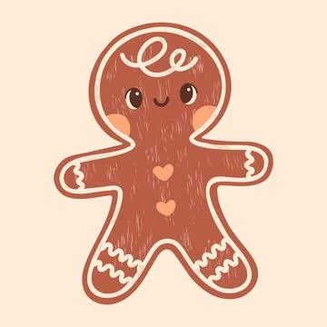 Cute gingerbread man with white icing details, pink heart buttons and face Stock Illustration