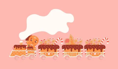 Cute gingerbread santa express with cookie locomotive and wagon with gifts and Stock Illustration