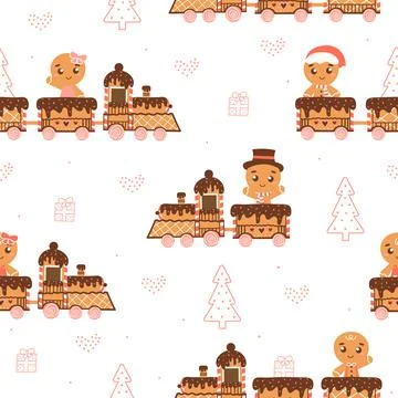 Cute gingermbread train on white background in cartoon style seamless pattern Stock Illustration