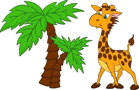 Cute Giraffe and palm tree. Raster illustration Stock Illustration