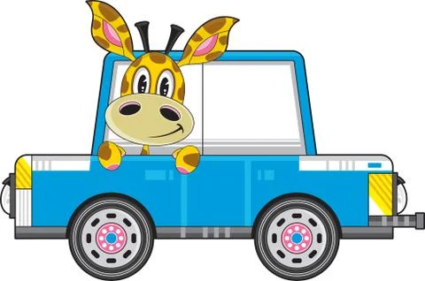 Cute Giraffe in Blue Car Stock Illustration