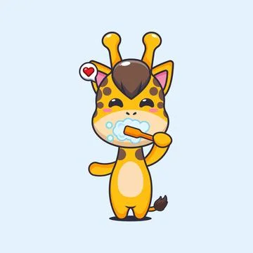 Cute giraffe brushing teeth cartoon vector illustration Stock Illustration