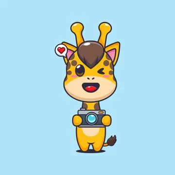 Cute giraffe with camera cartoon vector illustration Stock Illustration