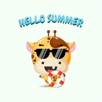 Cute giraffe carrying a float with summer greetings Stockillustratie