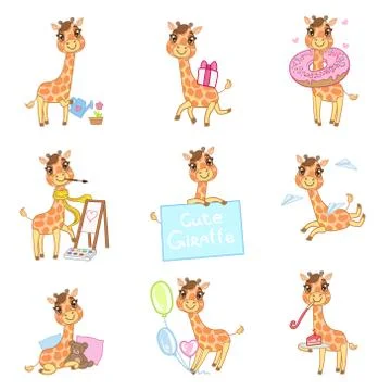 Cute Giraffe Cartoon Set Stock-Illustration