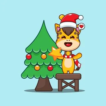Cute giraffe decorating the Christmas tree on Christmas day Stock Illustration