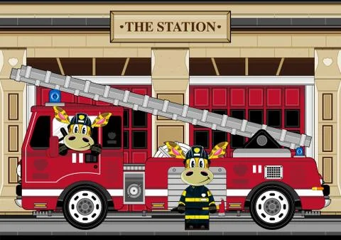 Cute Giraffe Fireman - Firefighter and Fire Engine Stock-Illustration