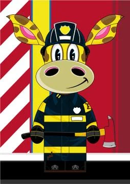 Cute Giraffe Fireman - Firefighter 스톡 일러스트
