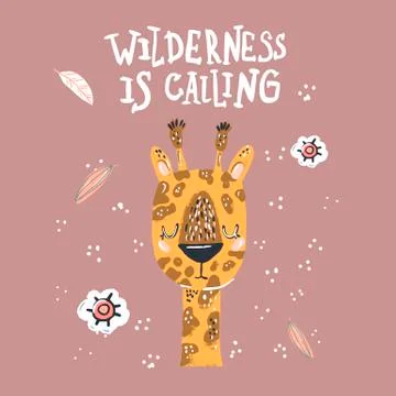 Cute giraffe flat hand drawn illustration. Giraffe character with lettering.  Stock Illustration