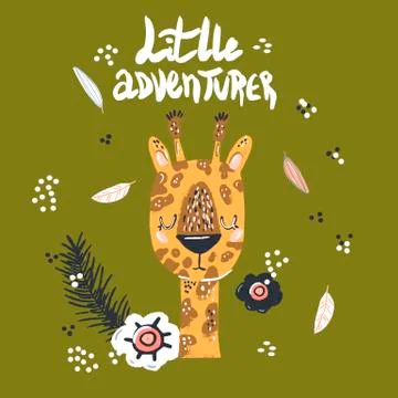 Cute giraffe flat hand drawn illustration. Giraffe character with lettering.  Stock Illustration