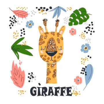 Cute giraffe flat hand drawn illustration. Giraffe character with lettering.  스톡 일러스트