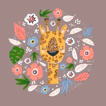 Cute giraffe flat hand drawn illustration. Giraffe character with floral elem Stock Illustration