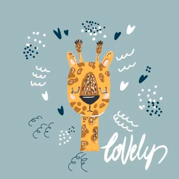 Cute giraffe flat hand drawn illustration. Giraffe character with lettering.  Stock Illustration