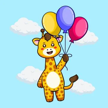 Cute Giraffe Flying with Balloons Vector  Illustration Stock Illustration